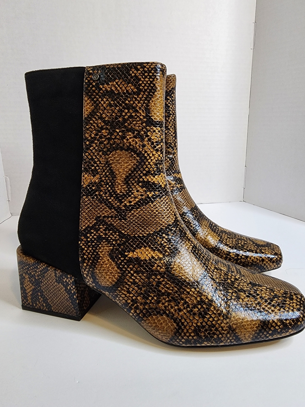 French Connection Brown/Black Snake-Print Block Heel Ankle Boots. NIB.